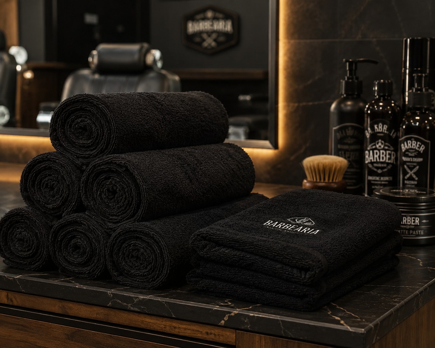 Toalhas pretas enroladas em bancada de barbearia