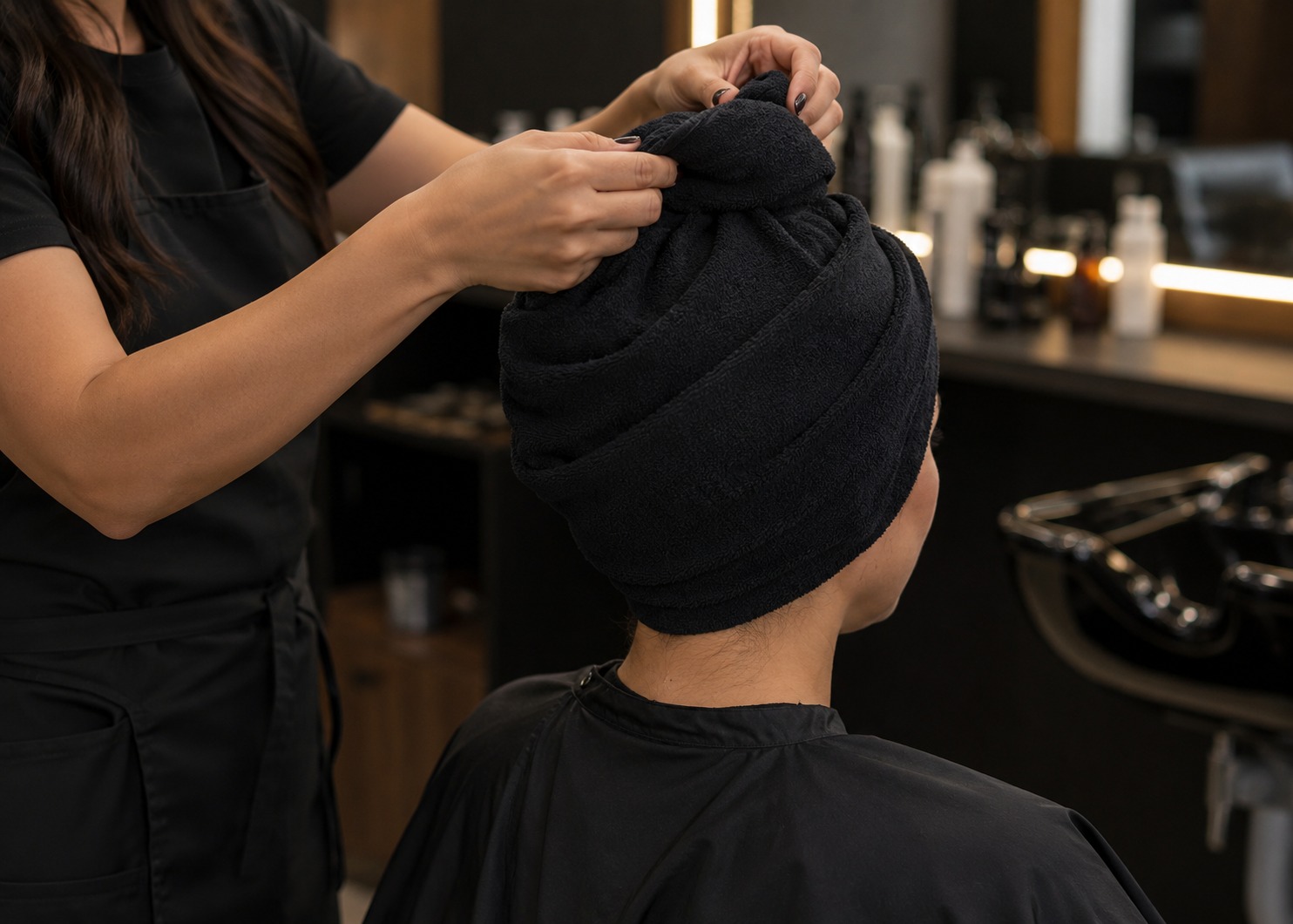 Profissional de salão enrolando toalha preta no cabelo da cliente