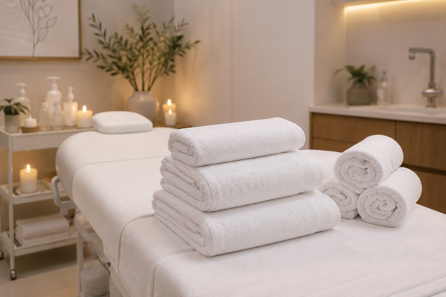 Toalhas dobradas com flores de lavanda em ambiente de spa