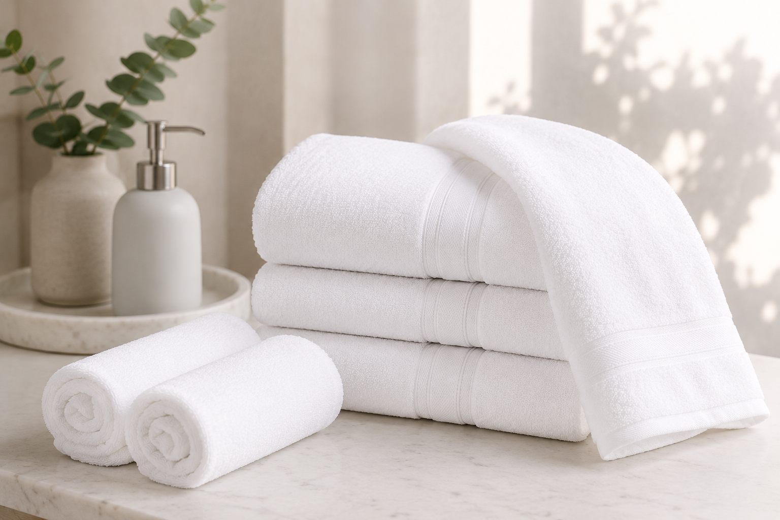 Toalhas brancas dobradas em ambiente de hotel